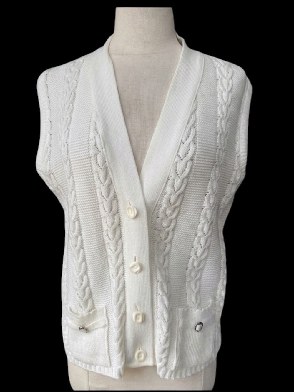 1940s Fine Cotton Synthetic Blend V-Neck Cable-Knit Front Functional Pockets But